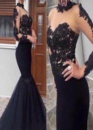 Black Sexy Prom Dresses Mermaid Lace Appliques Satin African Long Illusion Style Prom Gown Evening Dresses Robe De Soiree7445763