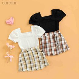 Clothing Sets Lioraitiin 1-6Years Children Girls Short Skirt Suit Short Sleeves Square Neck Solid Color Tops Check Pattern Outfit ldd240311