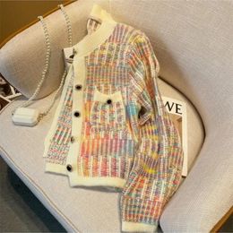 Sandro Rivers Autumn Loose Rainbow Striped Knitted Cardigan Sweater Women Long Sleeve Mixed Colour Single Breasted Pockets Top 240228