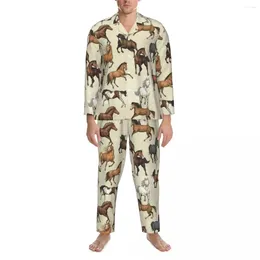 Men's Sleepwear Pajamas Man Sunset Horse Night Horses Riding Funny 2 Piece Aesthetic Set Long-Sleeve Soft Oversized Home Suit
