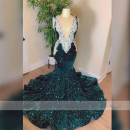 Green Dark Sequins Mermaid Prom Dresses For Black Girls Sparkly Beaded Appliques Tassels Birthday Party Gown Robes De Soiree