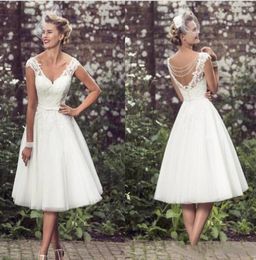 Vintage Lace Short Wedding Dresses Cap Sleeve V Neck Tea Length Beach Garden Bridal Gowns Beading Backless Vestidos De Novia3707230