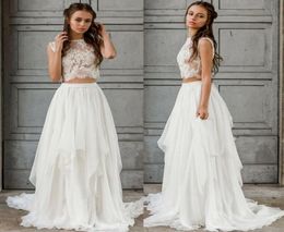 Sexy Two Piece Boho Wedding Dress 2021 Crop Top Chiffon Summer Beach Garden Bride Dresses Floor Length Bohemian Country Bridal Gow9668842