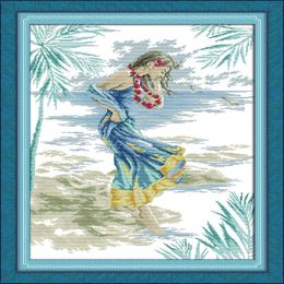 The lady on the beach decor paintings Handmade Cross Stitch Embroidery Needlework sets counted print on canvas DMC 14CT 11CT253C