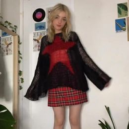 Xingqing Sweater Pentagram Pattern Long Sleeve Tops y2k Aesthetic Grunge Fairycore Hollow Out Crochet Clothes 2000s Knitwear 240311