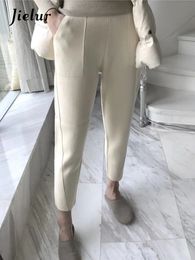 Jielur Spring Casual Elastic Waist Loose Women Woollen Pants Autumn Winter Harem Pants High Waist S-4XL Size Pocket Pantalon 240311