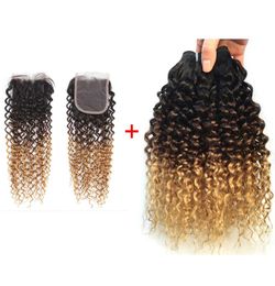 1B427 Ombre virgin Kinky Curly Hair Weave Bundles with Closure Brazilian Human Hair 3 Bundles with 44 Full Lace Closure1405811