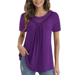 Women's Blouses Ladies Solid Colour Short Sleeve Lace Panel Pleated Shirt Top