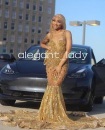 Gold Sparkly Mermaid Prom Formal Dresses for Black Girl Luxury Diamond Crystal Gillter African Evening Party Gala Gown 2024