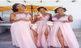 Flowy Chiffon Pink Long Bridesmaid Dresses Sheer Neck Cap Sleeves Appliqued Illusion Bodice Sexy Split Summer Black Women Maid Of 5584178