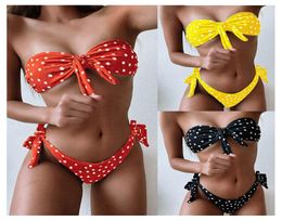 Women Bathing Suits Summer Dot Printed Bow Swimsuit Lady Strapless Elastic Bikinis Set Female Two Piece Swimsuits 0504023034576