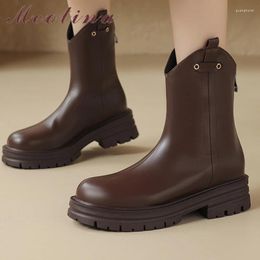 Boots Meotina Women Ankle Round Toe Thick Mid Heels Platform Zipper Western Short Boot Lady Fashion Shoes Autumn Winter Black 42
