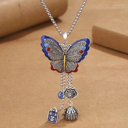 Pendants Retro Ethnic Style Blue Butterfly Pendant Necklace Women Jewelry Long Sweater Chain Lotus Tassel Female