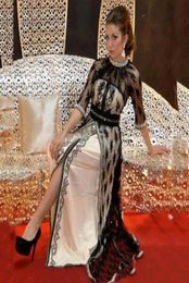 Caftan Dubai Arabia Black Lace Kaftan Evening Dresses with half Sleeves Beaded Crystal Long vestido longo Custom Made5668183