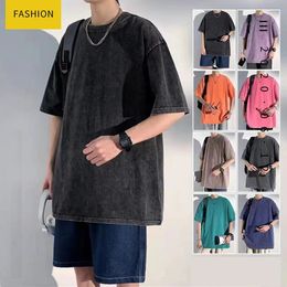 American Washed t shirt for men Cotton Loose Crew Neck Oversized T-shirt Mens Korean Y2k Casual Vintage Short Sleeve tshirt tee 240304
