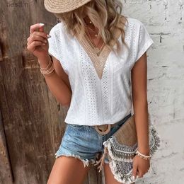 Women's T-Shirt Elegant Womens White Lace Patchwork Tees Casual Top 2024 Summer Solid Short Sle Hollow Out FeT-shirt S-XXXL Tops Tshirt 240311