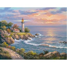 Wall Art Canvas Painting Sunset at Lighthouse Point Hand Oil Painted Seascapes Beautiful Landscape Artwork for Home Decor177P