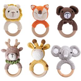 5PC Baby Rattle Toys Cartton Animal Crochet Wooden Rings DIY Crafts Teething Amigurumi For Cot Hanging Toy 240226