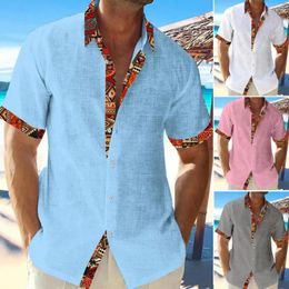 Men's Casual Shirts 2024 Summer Fashion Men Hawaiian Beach Cotton Linen Short Sleeve Shirt Solid Colour Patchwork Turn-down Collar Printed