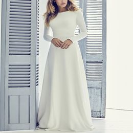 New Stretch Crepe A-line Long Modest Wedding Dress 2020 With Long Sleeves Jewel Coverd Back Short Train Women Informal Modest Brid306F
