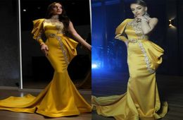 Glamorous Gold Evening Dresses With Appliques Beads Elegant One Shoulder Long Sleeve Pleats Ruffles Long Party Occasion Gowns Wome6758776