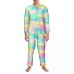 Men's Sleepwear Colorful Tie Dye Pajamas Men Modern Rainbow Print Fashion Night Autumn 2 Piece Retro Oversized Pattern Home Suit