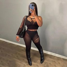 Women's Pants Two Piece Set Hole Knitting Women Sexy Hollow Out One Shoulder Long Sleeve Crop Tops High Waist Skinny Streetwear Suits
