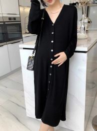 Dresses Winter Maternity Dress Knitted Breastfeeding Plus Size Side Split SingleBreasted Lactation Dress Postpartum Woman Nursing Dress