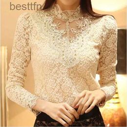 Women's T-Shirt Spring Autumn New Women Sexy Embroidery Lace Blouse Feminine Stand Neck Long Sle Shirt 3XL Blouse Tops Black 240311