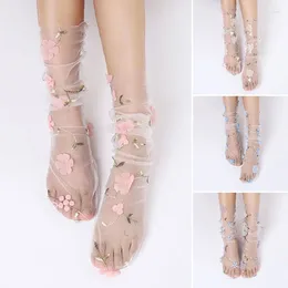 Women Socks Summer Transparent Thin Mesh Stockings Fashion Floral Lace Tulle Chiffon Up Mid Tube Stock