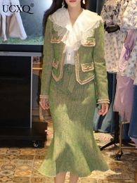 UCXQ Temperament Tweed Coats Skirts Set For Women Elegant O-neck Long Sleeve Jacket High Waist Hip Wrap Skirt 23A4469 240305
