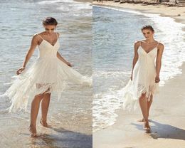 Sexy Spaghetti V Neck A Line Beach Wedding Dresses Lace Tassel Sequins Beads Short Bridal Gowns Knee Length Boho Wedding Gowns2450617