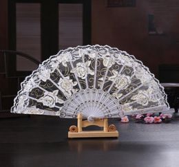 Vintage 10 Colours Available Hands Fans Plastic Fan Bone Bamboo Hand Rose Lace Wedding Fans Arts and Crafts Wedding Favours Gift Che7675620