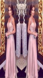 2019 arabic Elegant Blush Pink Evening Dresses Long ALine Sexy Straps V Neck Major Beading Prom Party Red Carpet Dress Girls Page6013848