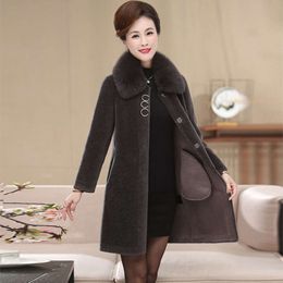 Grain Women's Haining Sheep Fleece Fur Integrated Coat Medium Length Fox Hair Collar Middle Aged Mother Skin 8196