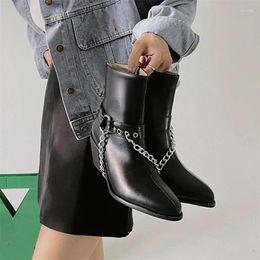 Boots PXELENA White Black Metal Chain Square High Heel Pointy Toe Western Ankle Comfortable Casual Daily Party Shoes Women