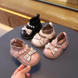 Boots 2024 Autumn Infant Girl's Sock Pearl Bow Sweet Cute Children Casual Knitted Short Boot Toddler Girl Pu Leather Shoes