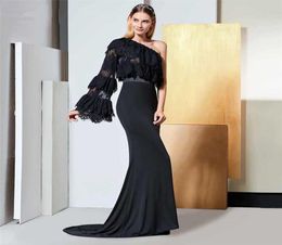 setwell black beads lace evening dresses custom sweep train gowns backless sheath prom dress long sleeve robe de soiree6925109