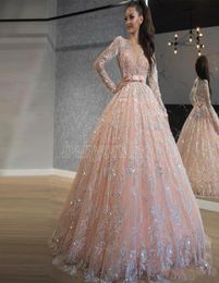 Baby Pink Quinceanera Dresses Sequin Lace Ball Gown Prom Dresses Jewel Neck Long Sleeve Sweet 16 Dress Long Formal Evening Wear Wi3555555