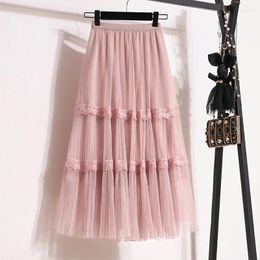 Skirts SURMIITRO Women Midi Long Tulle Skirt 2024 Spring Summer Elegant Lace Patchwork A Line High Waist Pleated Mesh Female Pink