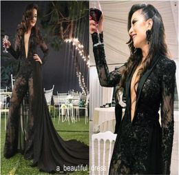 Evening Dress With Detachable Train Jumpsuits Deep V Neck Long Sleeves Lace Appliqued Formal Party Gowns Custom Made Long Prom Dre9868408