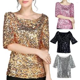 Women's T Shirts Women Sequins T-shirts O Neck Short Sleeve Sequin Tops Sparkling Mid Blouse Disco Stage Performances Tees Top