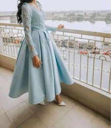 Ankle Length Long Sleeve Prom Dresses 2022 Lace Appliques Satin Formal Evening Gowns Girls Homecoming Dress Deep Vneck Special Oc8883643