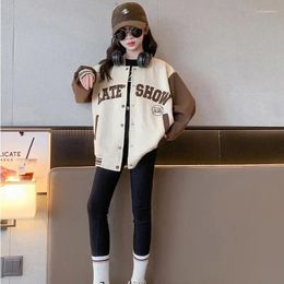 Jackets Girls' And Boys' Baseball Jacket Autumn Fashion Korean Vintage Contrasting Colours Letter Button Coat 2024 Children's Top