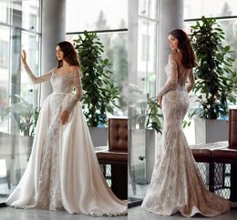 Oksana Mukha Wedding Dresses Scoop Long Sleeves Backless Detachable Train Bridal Gowns Lace Appliques Beads Sequins Mermaid Weddin9242431