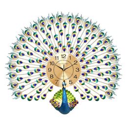 Large Peacock Wall Clock Modern Design Home Decor Watch Living Room Bedroom Mute Metal Digital s H0922209b