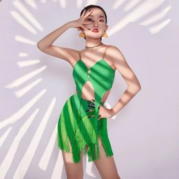 Stage Wear Purple Green Latin Dance Clothes Girls Samba Ballroom Professional Costume Sleeveless Top Fringed Skirt SL9848
