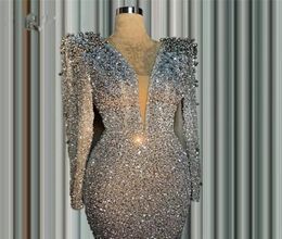 Glitter Silver Mermaid Formal Evening Dresses For Arabic Women Sexy Deep V Neck Long Sleeves Beaded Crystals Prom Occasion Gowns V5904611