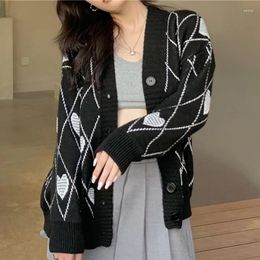 Women's Knits Love Embroidery Women Sweater Coat Long Sleeve Loose Argyle Cardigans Autumn And Winter V-neck Vest Knitted Cardigan 24245