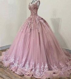 Baby Pink 2020 Ball Gown Quinceanera Prom Dresses Lace Beading Princess Girls Birthday Formal Gowns With Jewel Neck Sleeveless Lac6957325